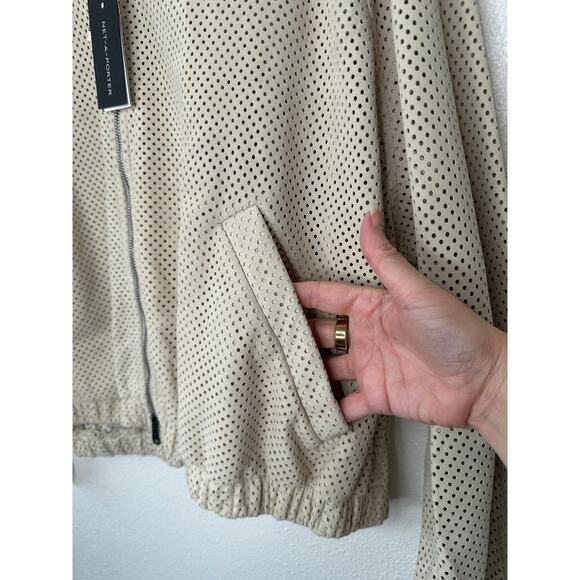 NWT Brunello Cucinelli Tan Cream Laser Cut 100% Leather Bomber Jacket 48 / XL - Picture 5 of 16